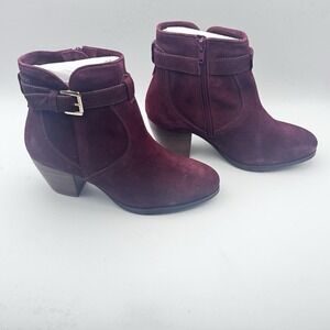 DIBA Womens boot Sz 5.5‎ Burgundy Red Suede Heel Sleek Bootie Leather Zip Gold